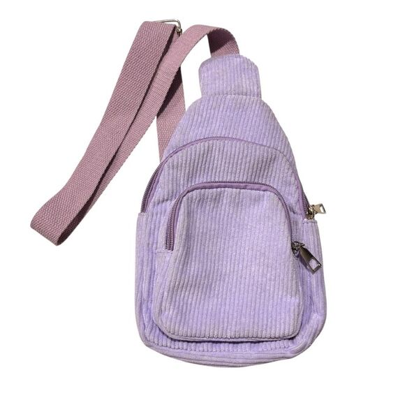 Lilac Purple Corduroy Crossbody Sling Mini-Backpack Bag w Adjustable Strap - Picture 1 of 12